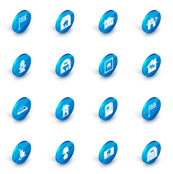 设置纸箱与房子，房子，盾牌，消防栓，游泳池梯子，仓库，百分比折扣标签和平板电脑和智能家居图标。向量图片下载