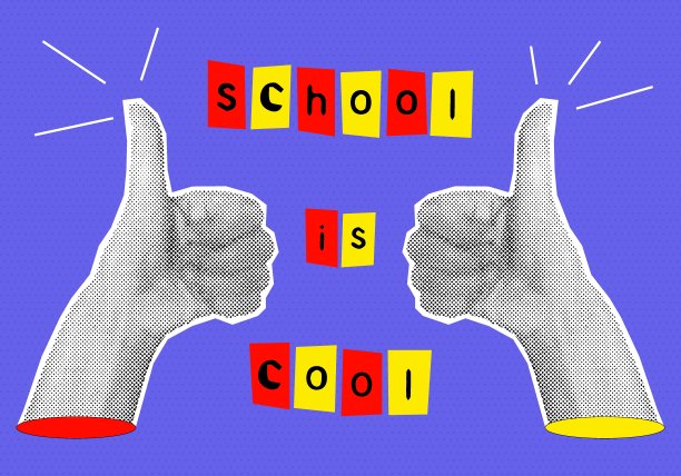 时髦的半色调拼贴手与手指向上。学校很酷。知识，返校理念。教育，智慧，学习。当代矢量插图图片下载