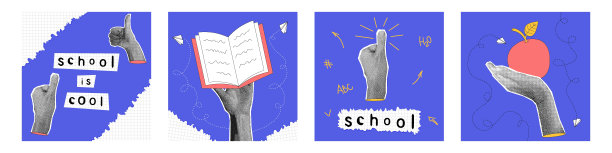 时尚的半色调拼贴手与苹果，书，手指向上。知识，回馈学校，教育理念。当代矢量插图图片下载