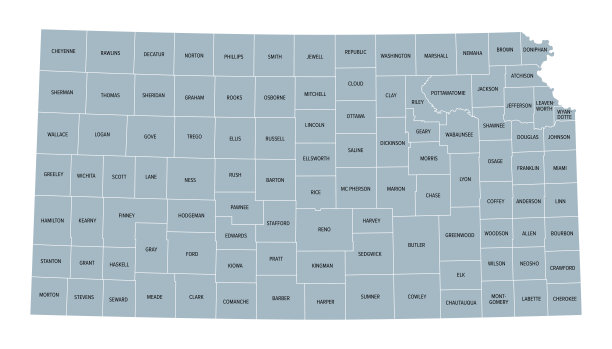 美国堪萨斯州，分105个县，灰色政治地图图片下载