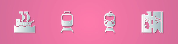 集剪纸帆船，火车和铁路，和破碎的道路图标。纸艺风格。向量图片下载