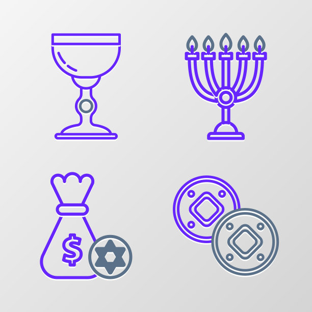 集线犹太硬币，钱袋与大卫之星和，光明节烛台和高脚杯图标。向量图片下载