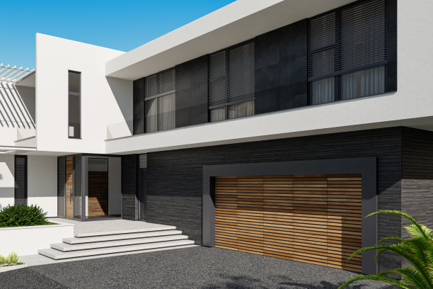 现代别墅入口立面当代建筑设计，带花园图片下载