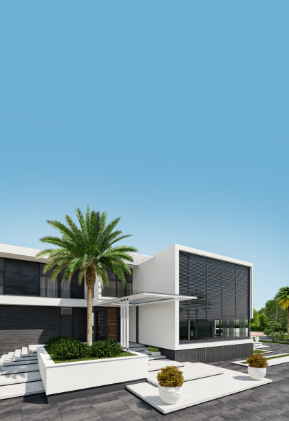 【7.5k图片】现代别墅入口立面当代建筑设计，带花园。大的拷贝空间。图片下载