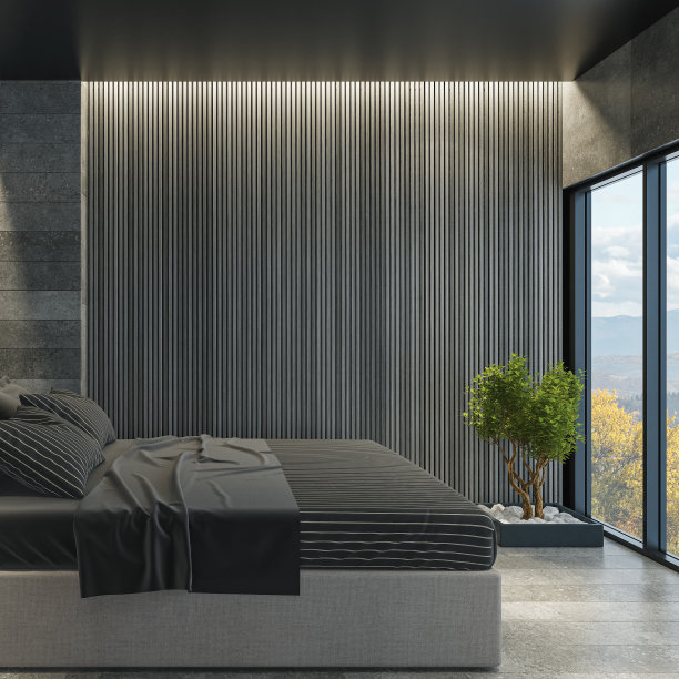 现代黑暗豪华设计卧室与石瓷砖图片下载