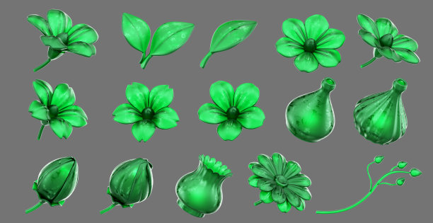 绿色水晶花几何形状集隔离背景3d渲染图片下载