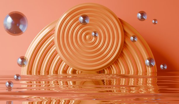 圆形讲台，水面，气泡，3D插图图片下载