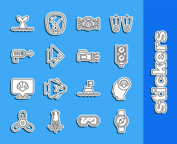 集线指南针，扇贝海壳，尺度，照相机，鱼，钓鱼鱼叉，鲸尾海浪和手电筒图标。向量图片下载