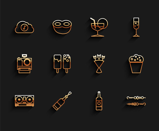 设置线DJ遥控器播放和混合音乐，香槟瓶，音乐流媒体服务，啤酒，烤羊肉串，冰淇淋，爆米花纸板箱和花束图标。向量图片下载