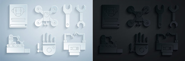 集机械机械手，扳手，工厂输送系统带，装配线，无人机飞行与行动相机和用户手册图标。向量图片下载