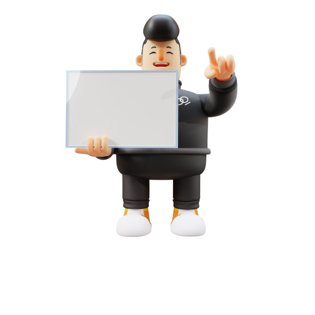 吉他男孩的3D卡通。卡通人物手持白板。说明图片下载