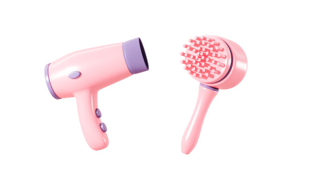 卡通吹风机和梳子，美发美容，3d渲染。图片下载