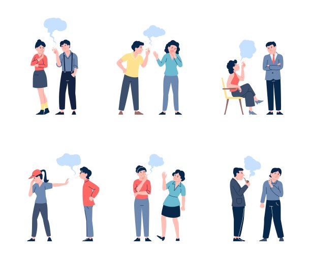 吸烟者字符。人们在不同的公共场所吸烟。烟瘾和不健康的坏习惯。被动吸烟者，最近的矢量集图片下载