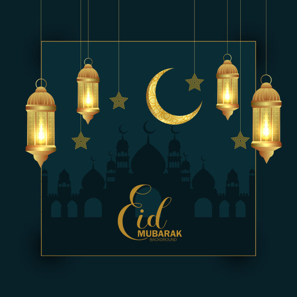 伊斯兰开斋节穆巴拉克的宗教背景，清真寺，月亮和灯笼图片下载