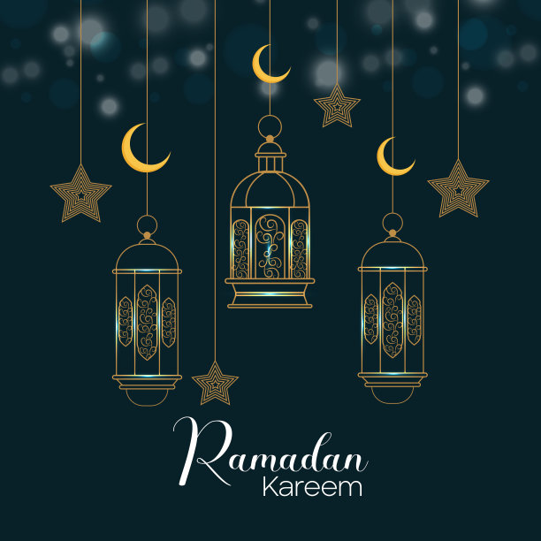 金色的灯笼，星星和月亮挂在深绿色的背景上。斋月卡里姆贺卡设计图片下载