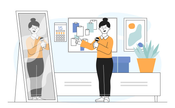 对着镜子排练。拿着麦克风的女人站在镜子旁边唱歌。女商人为会议或研讨会做准备。演说家和演说家。线性向量图解图片下载