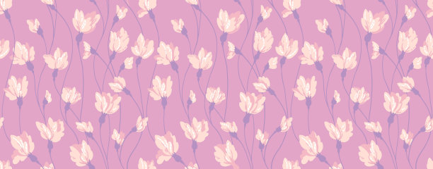 柔和的紫色图案与创意交织的花卉茎。抽象的分支与微小的花蕾无缝打印在紫色的背景。矢量手绘。简单的装饰图案，纺织品图片下载