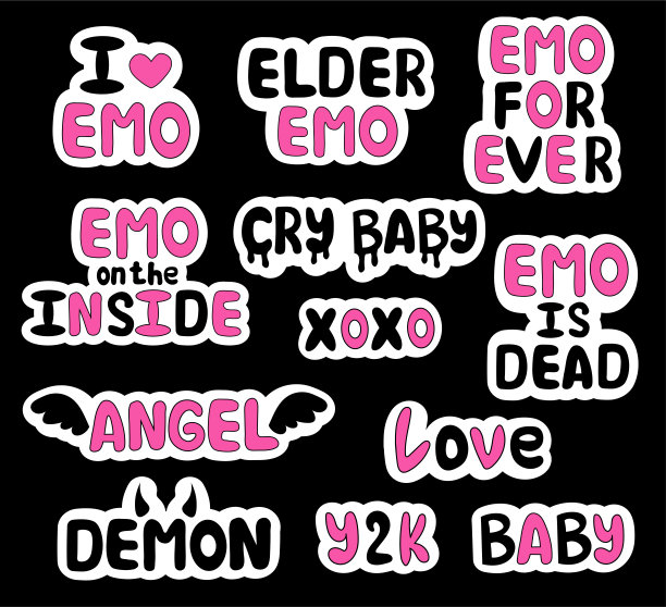 一套表情贴纸。Y2k风格。刻字。天使和恶魔。哭泣的婴儿。的情绪。黑色和粉红色。矢量平面插图。图片下载