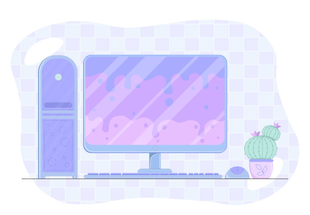 明亮的计算机概念。显示与蓝色和紫色抽象点在屏幕上。现代技术和创新。监控与广播。平面矢量图图片下载