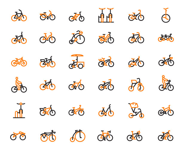 自行车类型图标设置为黑色和橙色，可编辑笔触，矢量插图图片下载