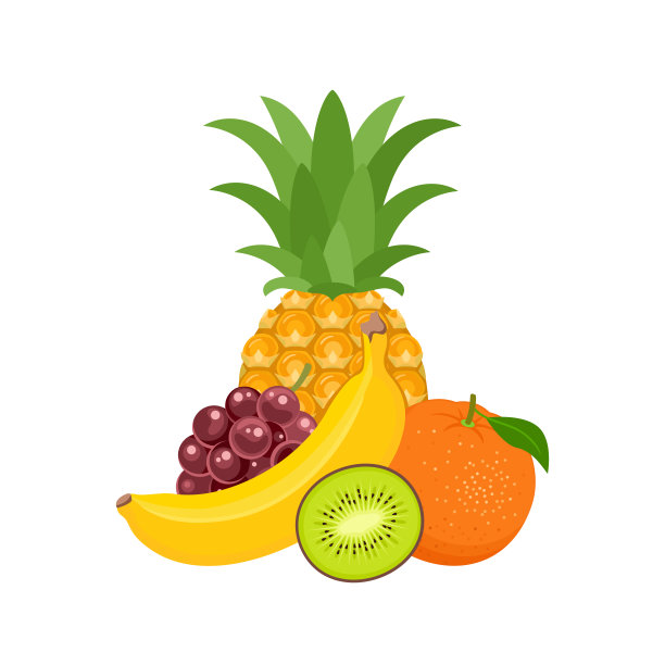 一堆热带水果孤立在白色。食物图标。矢量菠萝，香蕉，葡萄和橙色柑橘水果的简单平面插图。图片下载