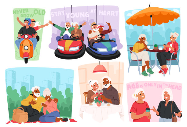 快乐的老年人从事各种各样的活动，从骑滑板车到享受碰碰车，户外野餐图片下载