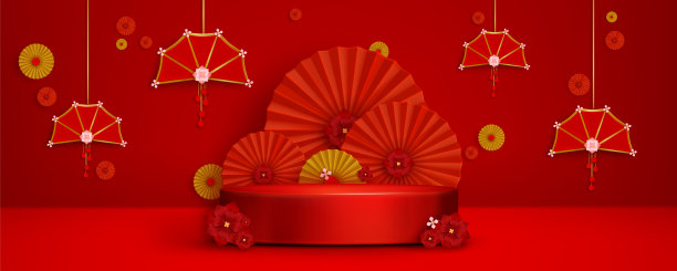 农历新年背景下的3d红色中国讲台图片下载