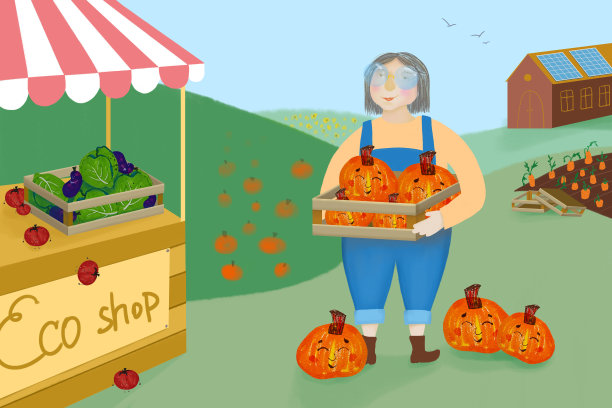 本地市场的概念。一位女性农民种植了南瓜、胡萝卜、西红柿、卷心菜和茄子等生态蔬菜。图片下载