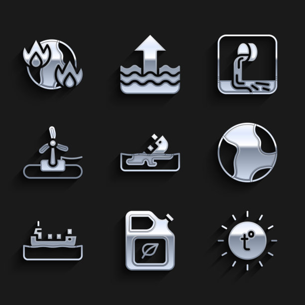 集失事油轮，生物燃料罐，太阳，地球，石油，风力涡轮机，废水和全球变暖火图标。向量图片下载