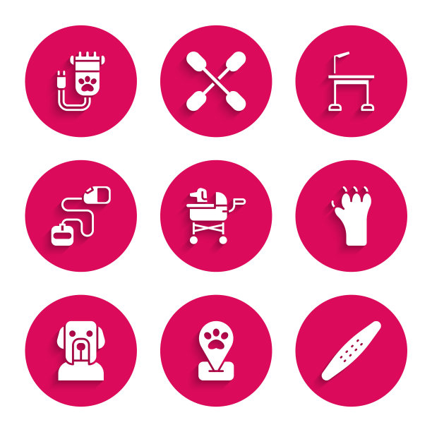 设置宠物推车，位置宠物美容，指甲文件，爪印，狗，可伸缩绳牵引，和理发器图标。向量图片下载