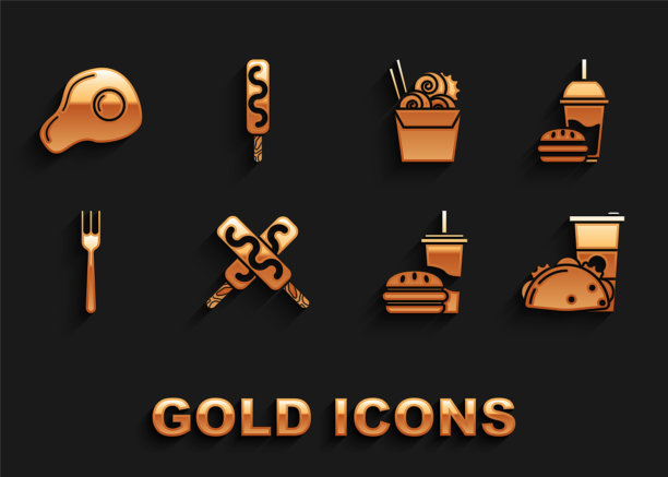 冰淇淋，带吸管的纸杯和汉堡，墨西哥卷饼，叉子，亚洲面条，纸盒筷子，炒鸡蛋和图标。向量图片下载