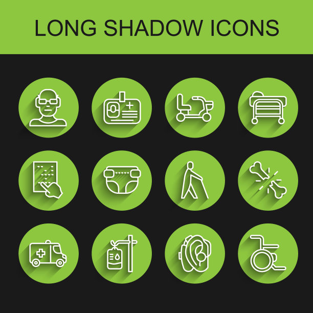 急救车，静脉输液袋，视力不佳，助听器，轮椅，成人尿布，人类骨折和盲人手持手杖图标。向量图片下载