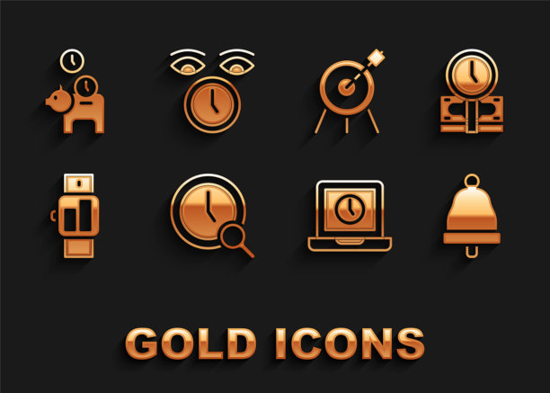 设置放大镜与时钟，时间是钱，铃声，笔记本电脑的时间，智能手表，目标运动，存钱罐硬币和时钟图标。向量图片下载