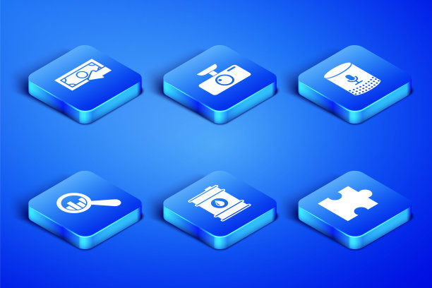 拼图，现金返还，桶油，放大镜和分析，汽车DVR和语音助手图标。向量图片下载