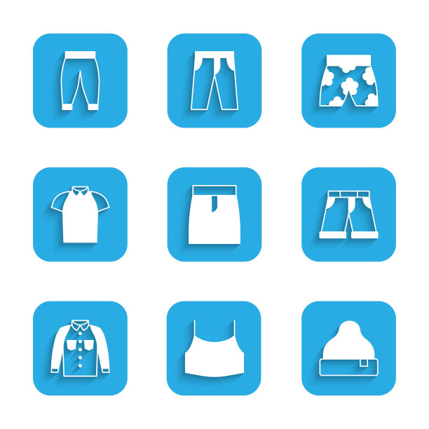 套装裙子，女性露脐上衣，豆帽，短裤或裤子，衬衫，Polo衫，泳裤和裤子图标。向量图片下载