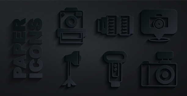 设置相机闪光灯，工作室灯泡在软箱，相机照片镜头和图标。向量图片下载