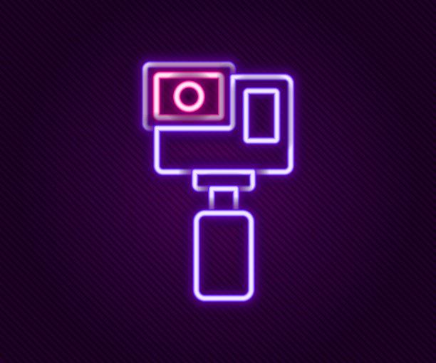 发光的霓虹灯线行动极端相机图标孤立的黑色背景。用于拍摄极限运动的摄像机设备。色彩缤纷的轮廓概念。向量图片下载