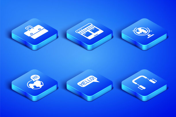 设置耳机，公文包，不同语言的Hello，学习外语，在线翻译和地球图标。向量图片下载