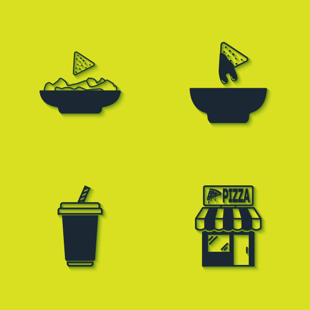 设置玉米片盘，比萨店建筑立面，玻璃与水和图标。向量图片下载