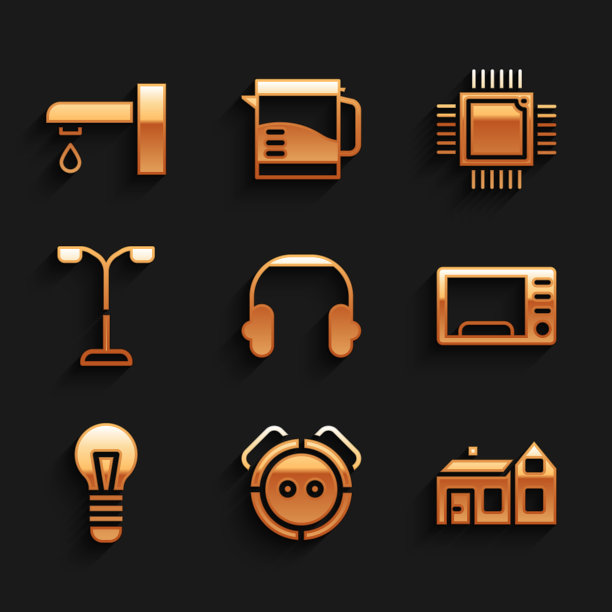 集耳机，机器人真空吸尘器，房子，微波炉，灯泡，路灯，处理器与微电路CPU和水龙头图标。向量图片下载