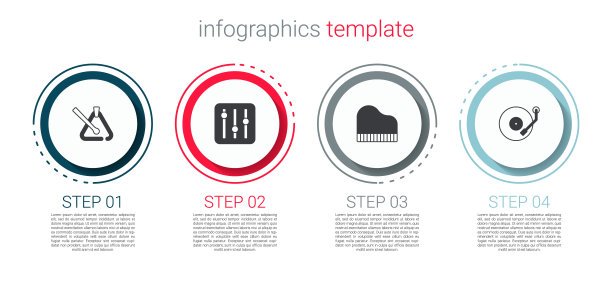 集三角乐器，混音控制器，大钢琴和黑胶播放器。业务信息图表模板。向量图片下载