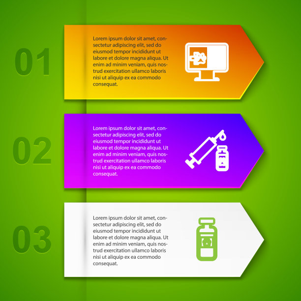 在监护仪上设置宠物临床记录，注射器上有疫苗，宠物小瓶和交叉骨头。业务信息图表模板。向量图片下载