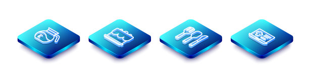 设置等距线咖啡壶，蛋糕，叉子，勺子和刀和在线订购送货图标。向量图片下载