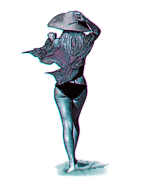 美丽的年轻女子走在沙滩上与故障技术图片下载