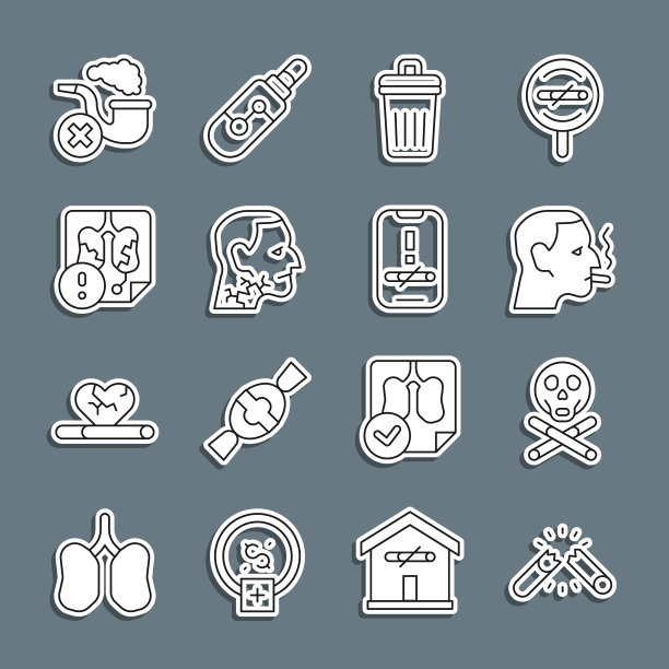 设定线断香烟，骨头和头骨，男人吸烟，垃圾桶，喉癌，疾病肺，吸烟管与烟雾和没有图标。向量图片下载