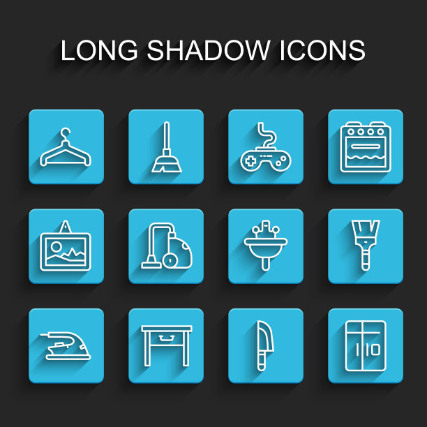 集线电熨斗，家具床头柜，衣架衣柜，刀，冰箱，吸尘器，油漆刷和脸盆图标。向量图片下载