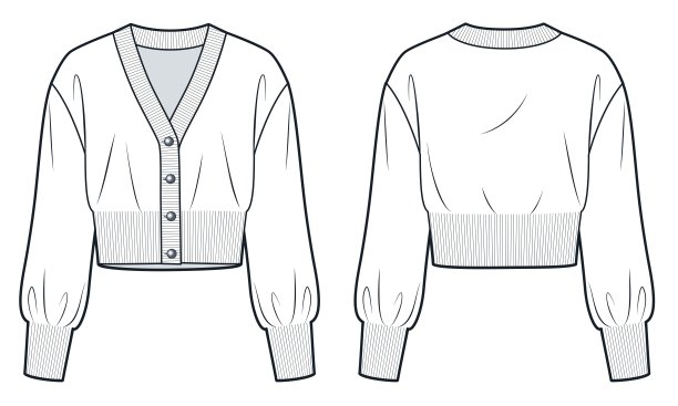 针织开衫技术时尚插画。V领毛衣时尚平面技术图纸模板，裁剪，气球袖，纽扣，轻松合身，前后视图，白色，女，男，男女通用的CAD模型。图片下载