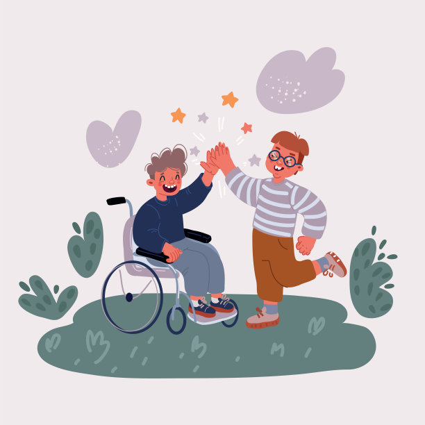 坐轮椅的小男孩与朋友击掌矢量插画儿童友谊概念图片下载