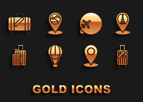集热气球，地图指针与埃菲尔铁塔，旅行箱旅行和贴纸，别针，全球飞行的飞机，和山的图标。向量图片下载
