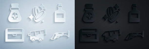 集大炮，酒精饮料朗姆酒，古董宝箱，老式手枪，海盗硬币和图标。向量图片下载